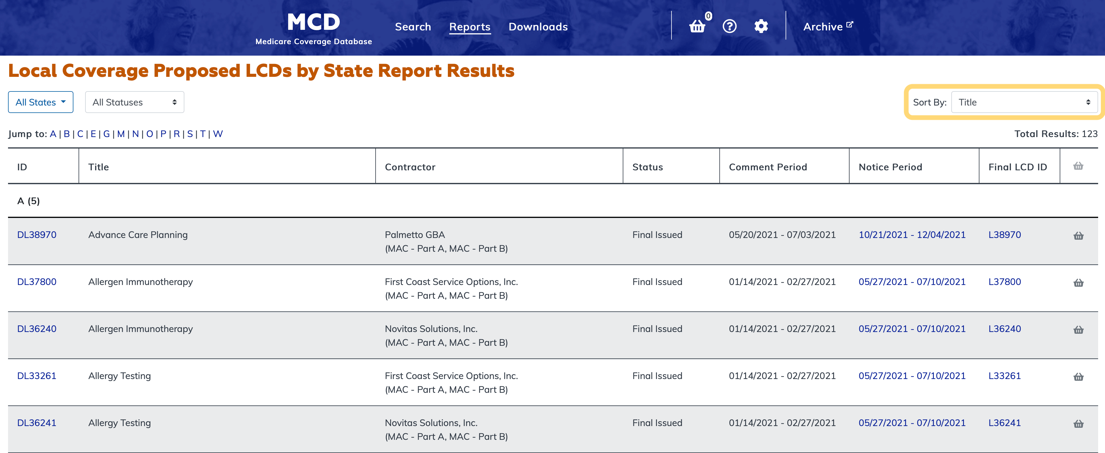 Local Coverage Proposed LCDs by State Report sort option highlighted