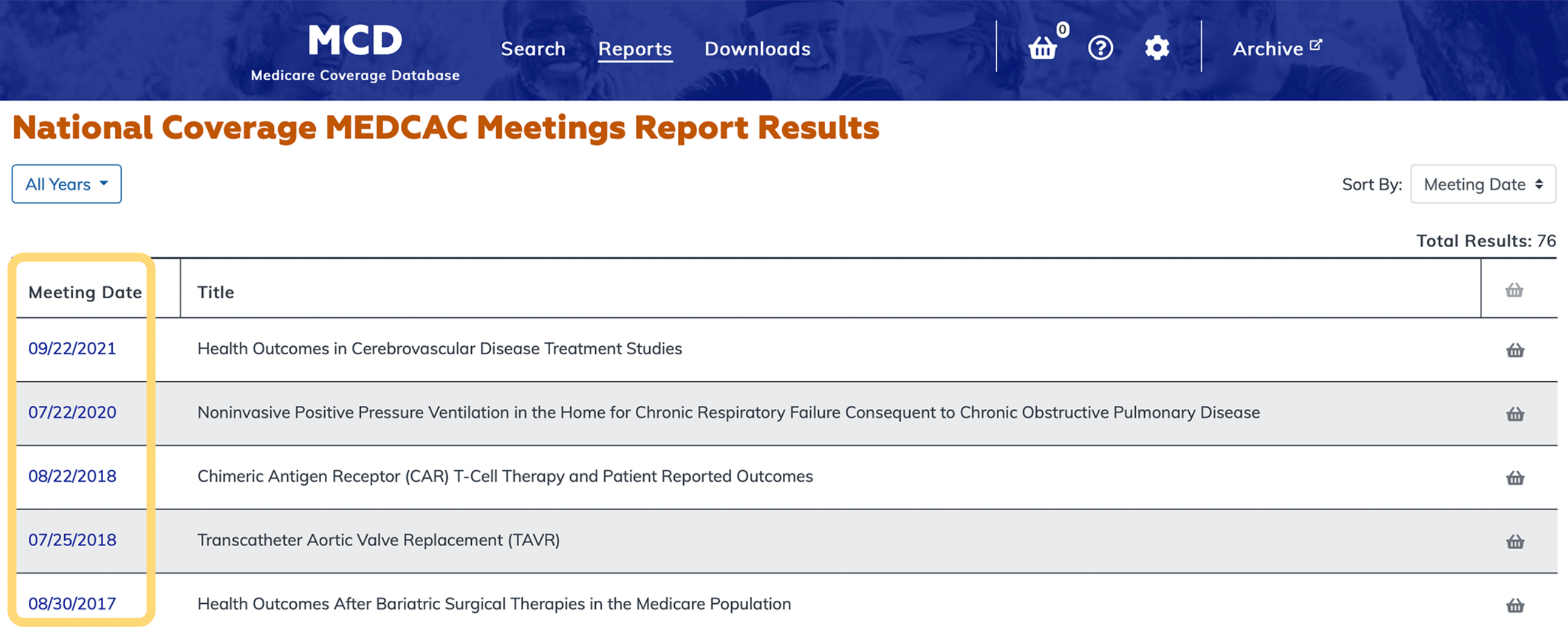 National Coverage MEDCAC Meetings Report ID link column highlighted