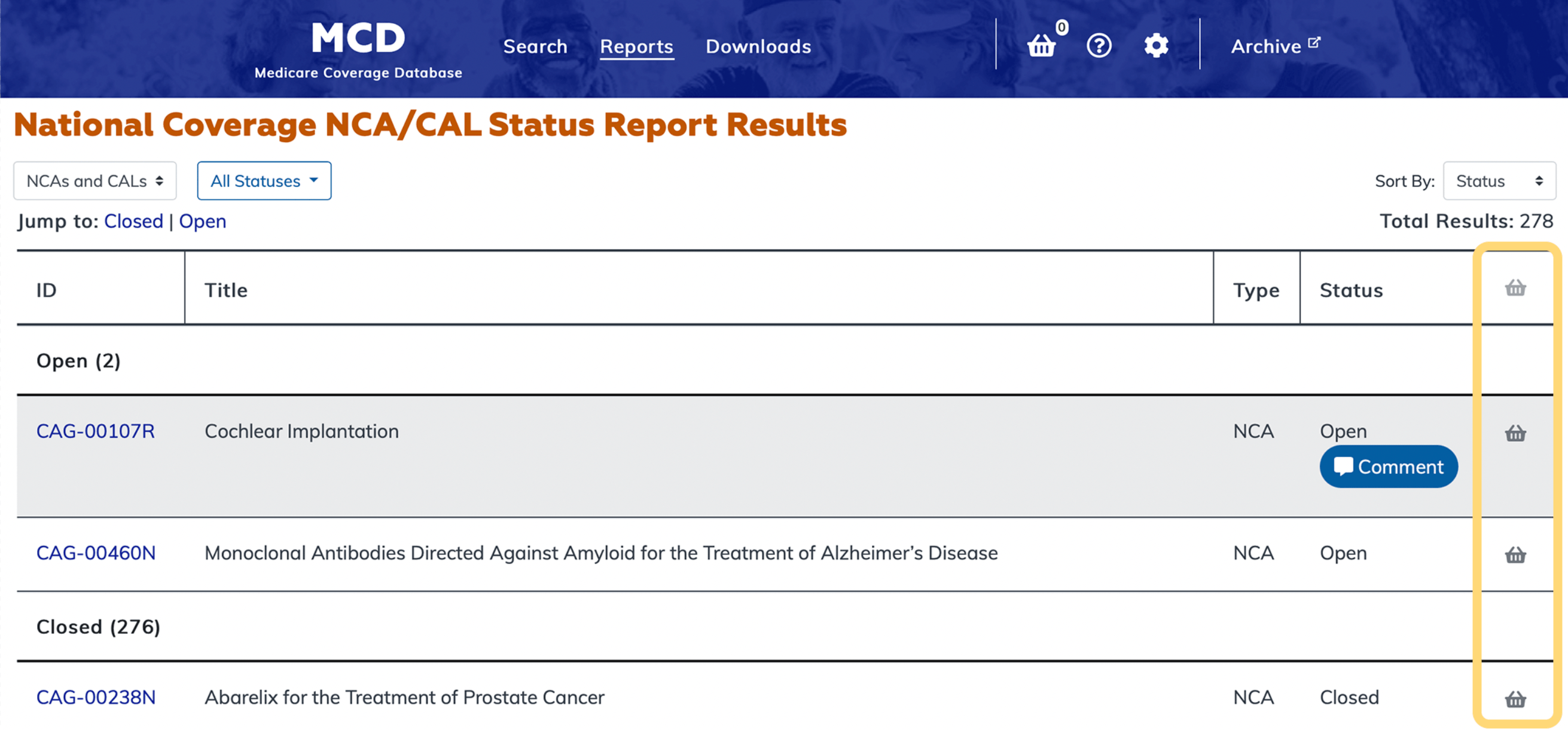 National Coverage NCA/CAL Status Report basket column highlighted
