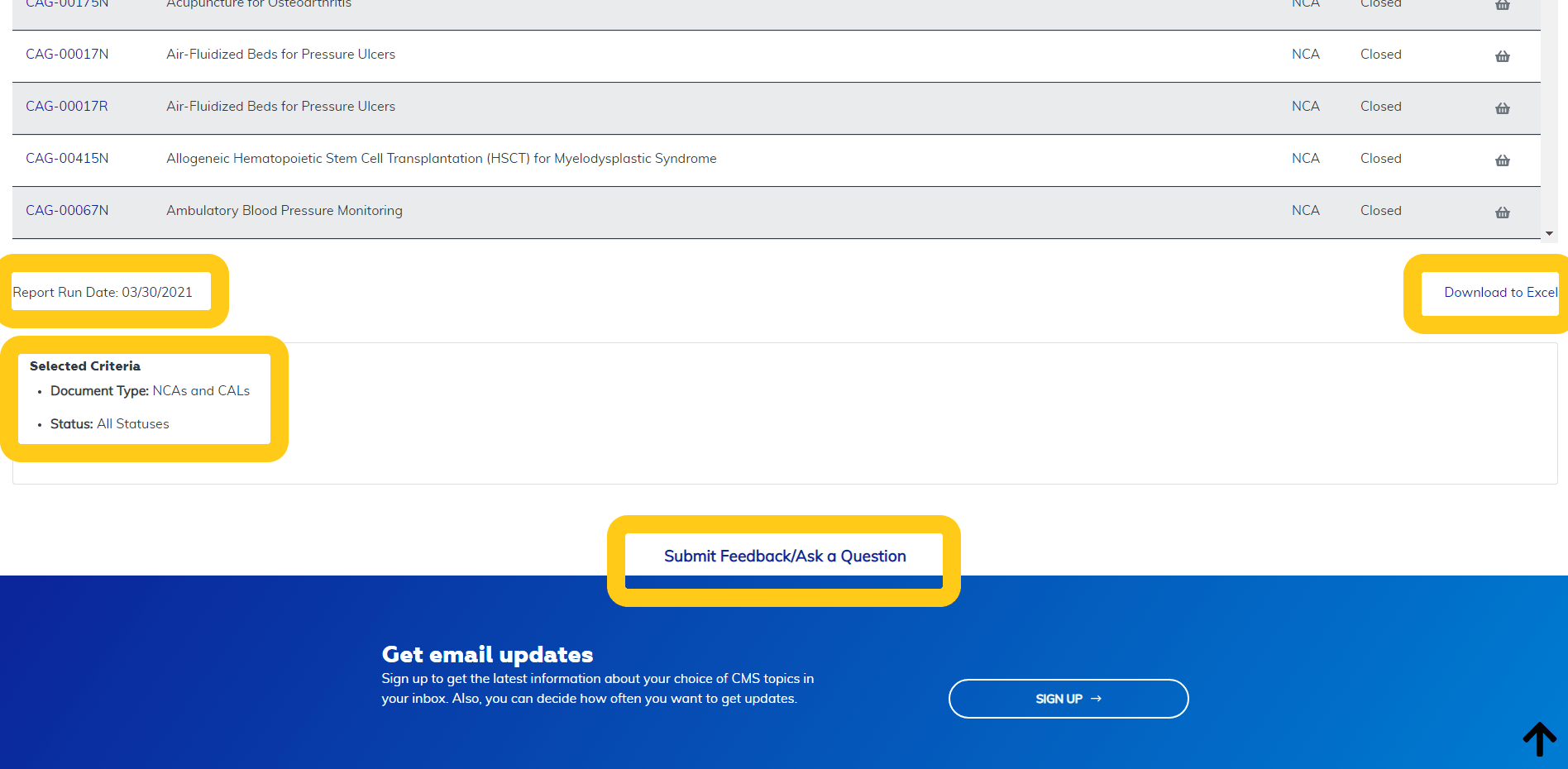 National Coverage NCA/CAL Status Report additional features at the bottom highlighted
