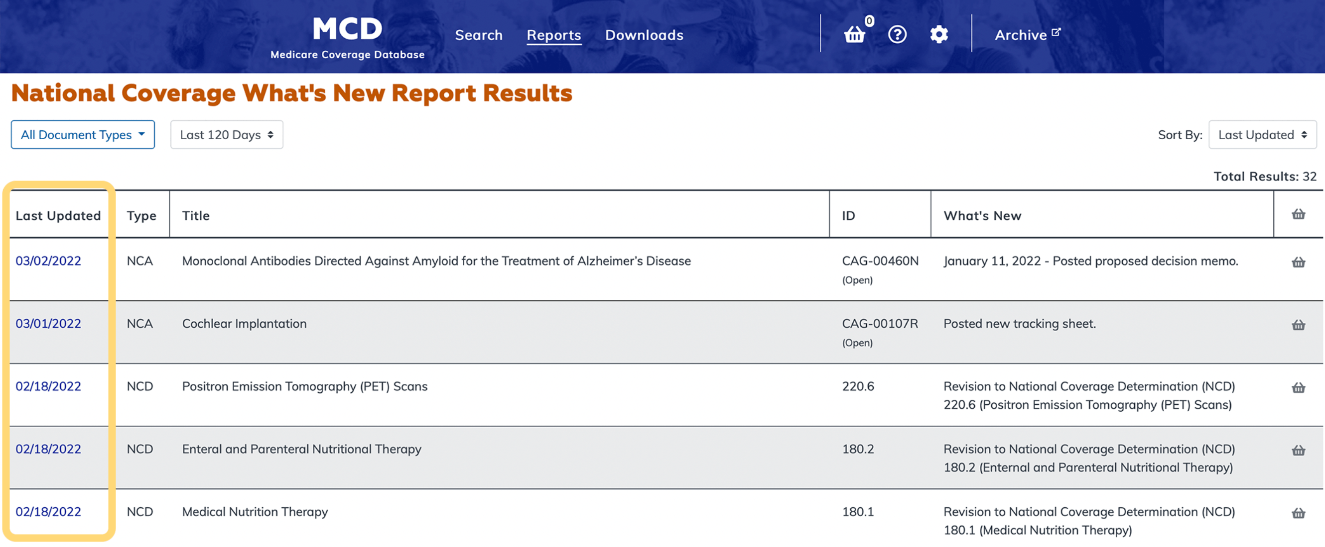 National Coverage What's New Report ID link column highlighted
