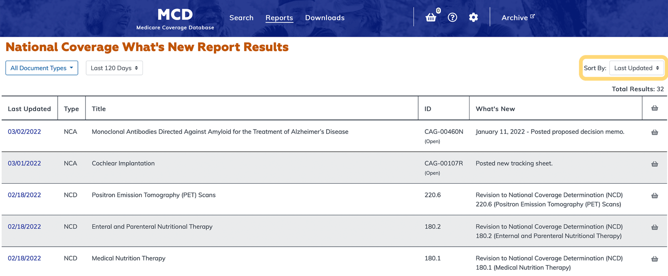 National Coverage What's New Report sort option highlighted
